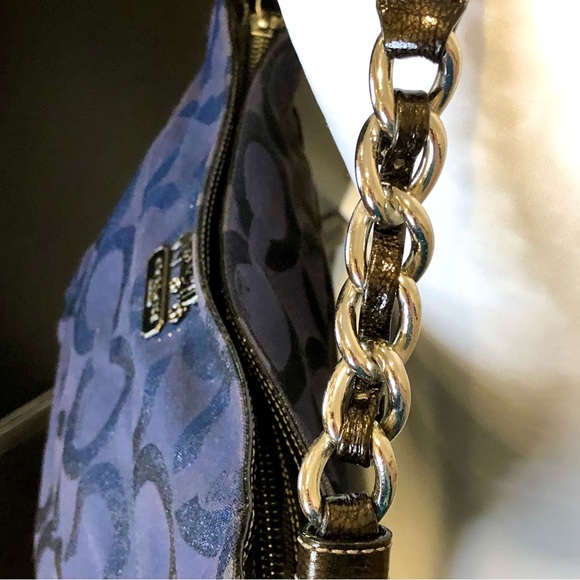 COACH Navy Blue Glitter Signature C Silver Braided Shoulder Bag w Blue Interior - Picture 4 of 14